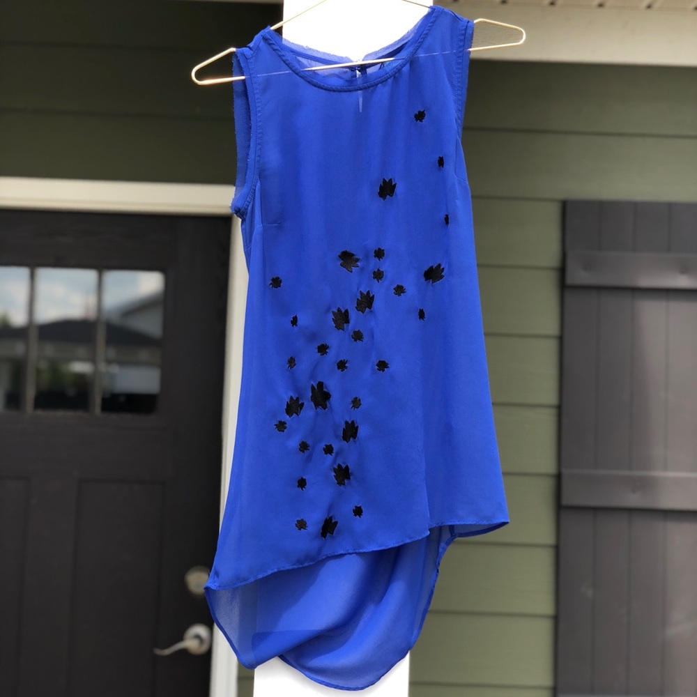 Sheer blue blouse with black leaf detail